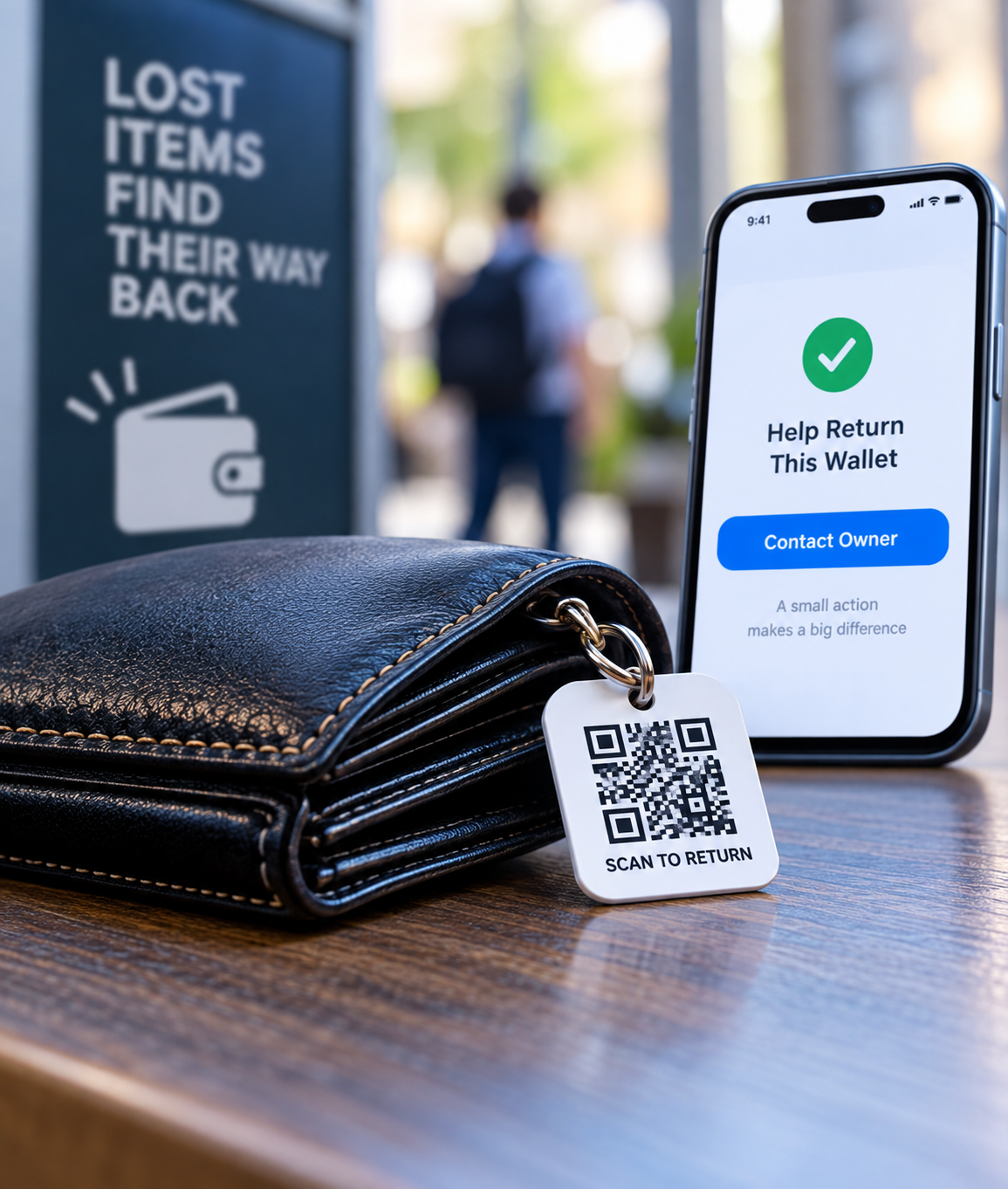 LostIt Tag's QR code tags attached to a wallet, emphasizing secure, anonymous communication and a reward-based system for retrieving lost items like wallets and other personal belongings.